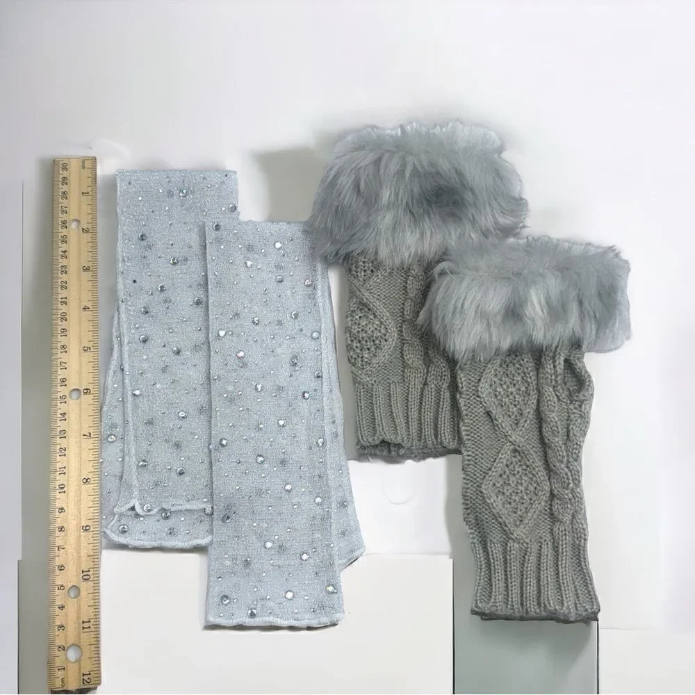 SXY l Elegant Silver Arm Sleeves Shimmery & Sheer, Gray Fuzzy, Fingerless Gloves